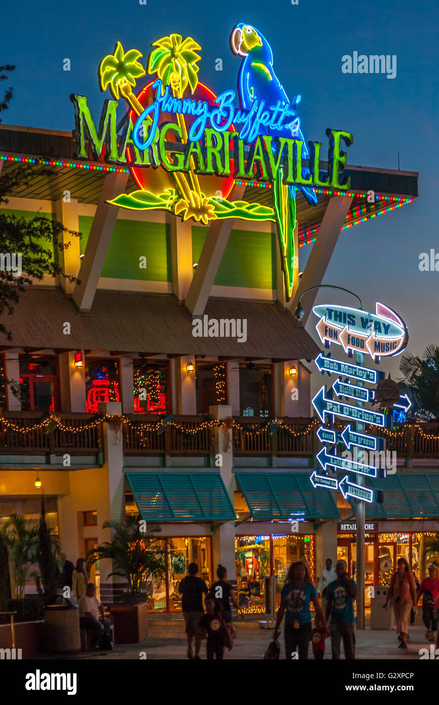 Brightly colored neon signs of Jimmy Buffett's Margaritaville club at Universal Studio's City Walk in Orlando, Florida Stock Photo