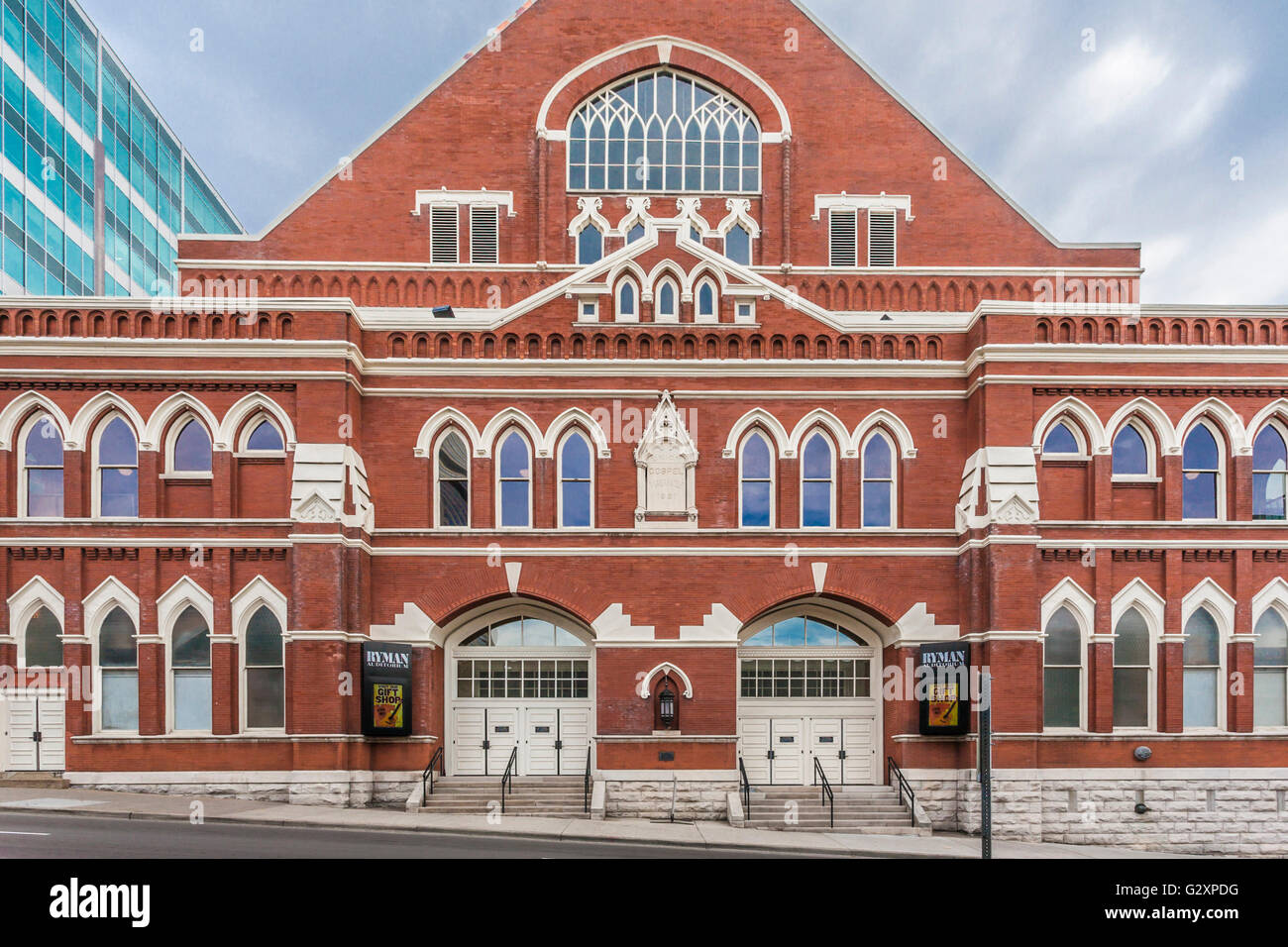 Front facade of the historic Ryman Auditorium in downtown Nashville, Tennessee Stock Photo