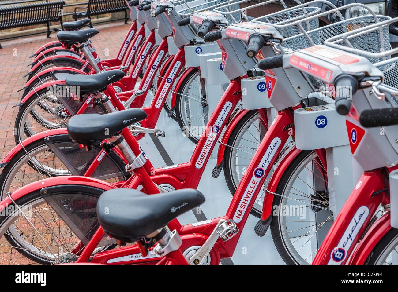 Rental bicycles in rack at a Nashville B Cycle rental station in downtown Nashville, Tennessee Stock Photo