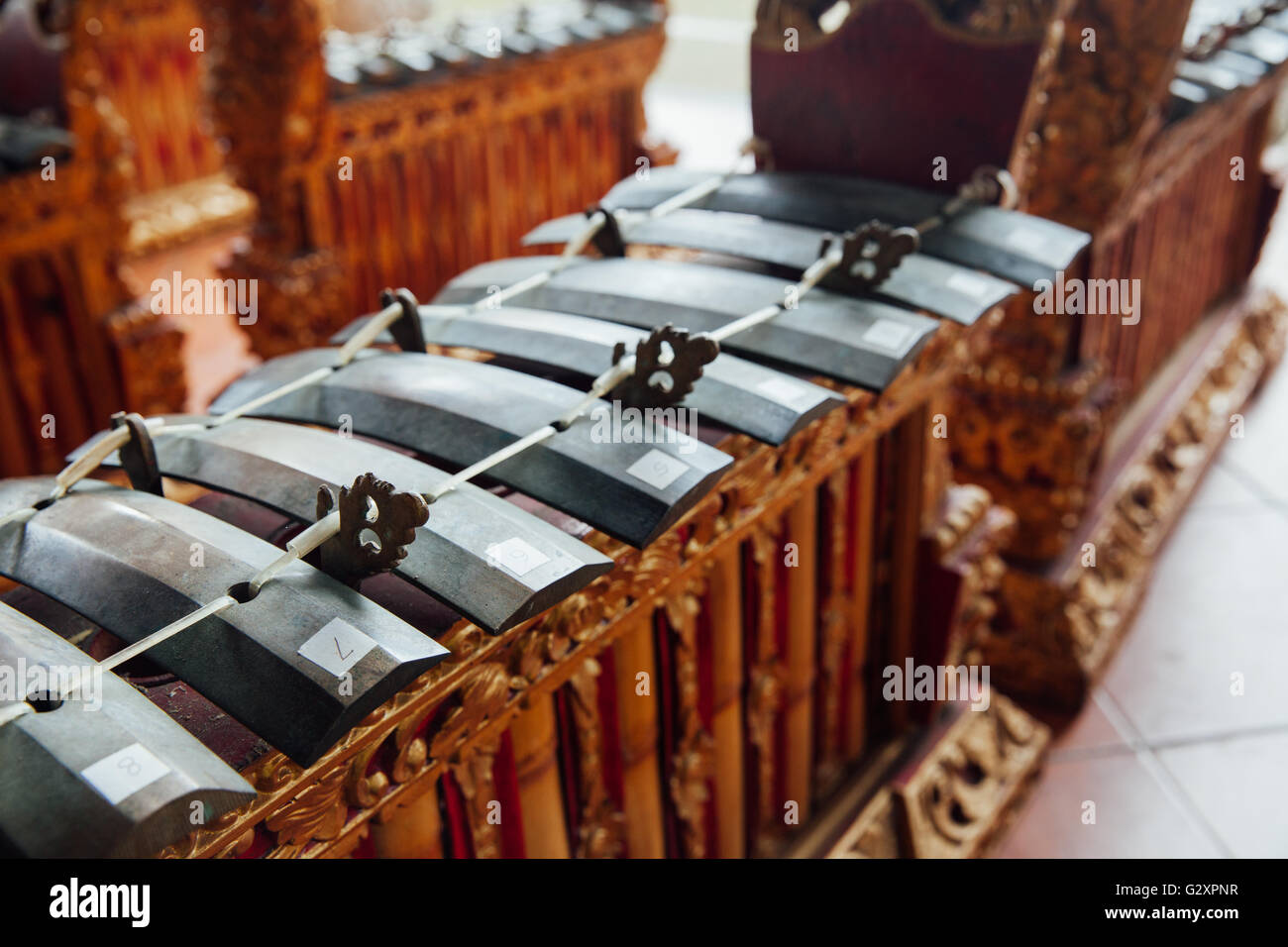 Traditional balinese percussive music instruments instruments for 'Gamelan' ensemble music, Ubud, Bali, Indonesia. Stock Photo
