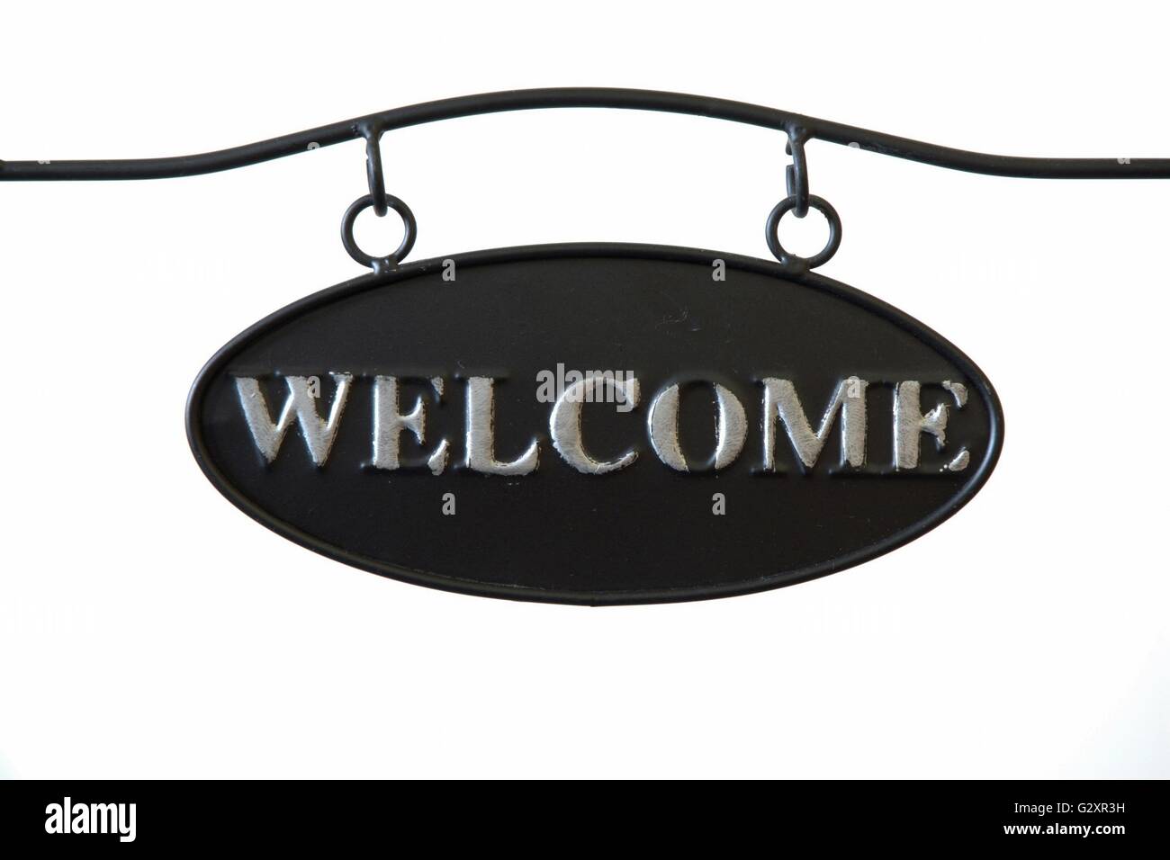 Black steel plate with word welcome Stock Photo