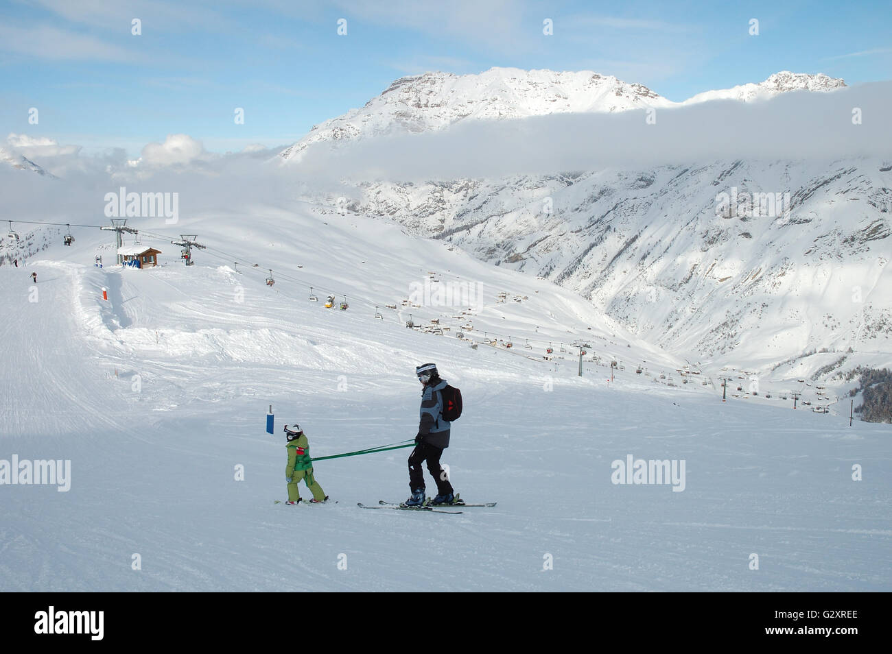 LIVIGNO, ITALY - DECEMBER 17: Unidentified skiers (little girl and woman) skiing on slope in Livigno Italy 17.12.2008 Stock Photo