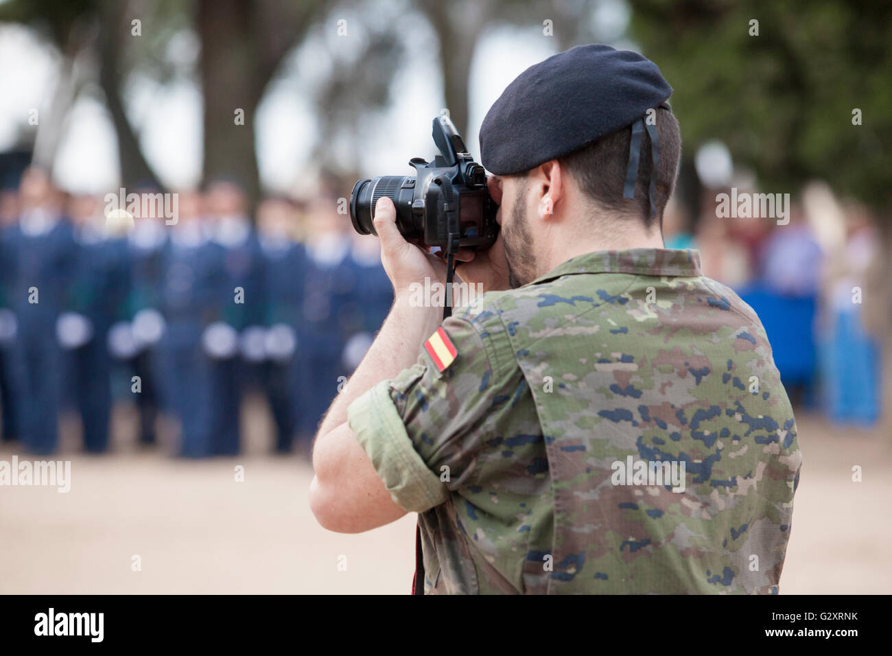 Badajoz, Spain - May 25, 2016: spanish troops during the Armed forces day. Journalist soldier Stock Photo