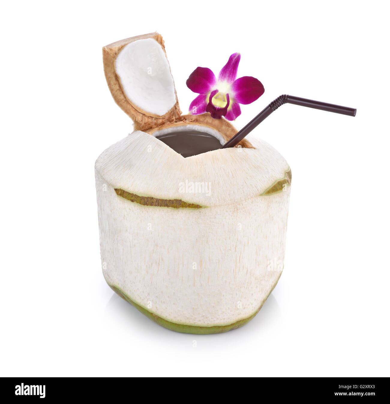 Green coconuts with drinking straw isolated Stock Photo Alamy