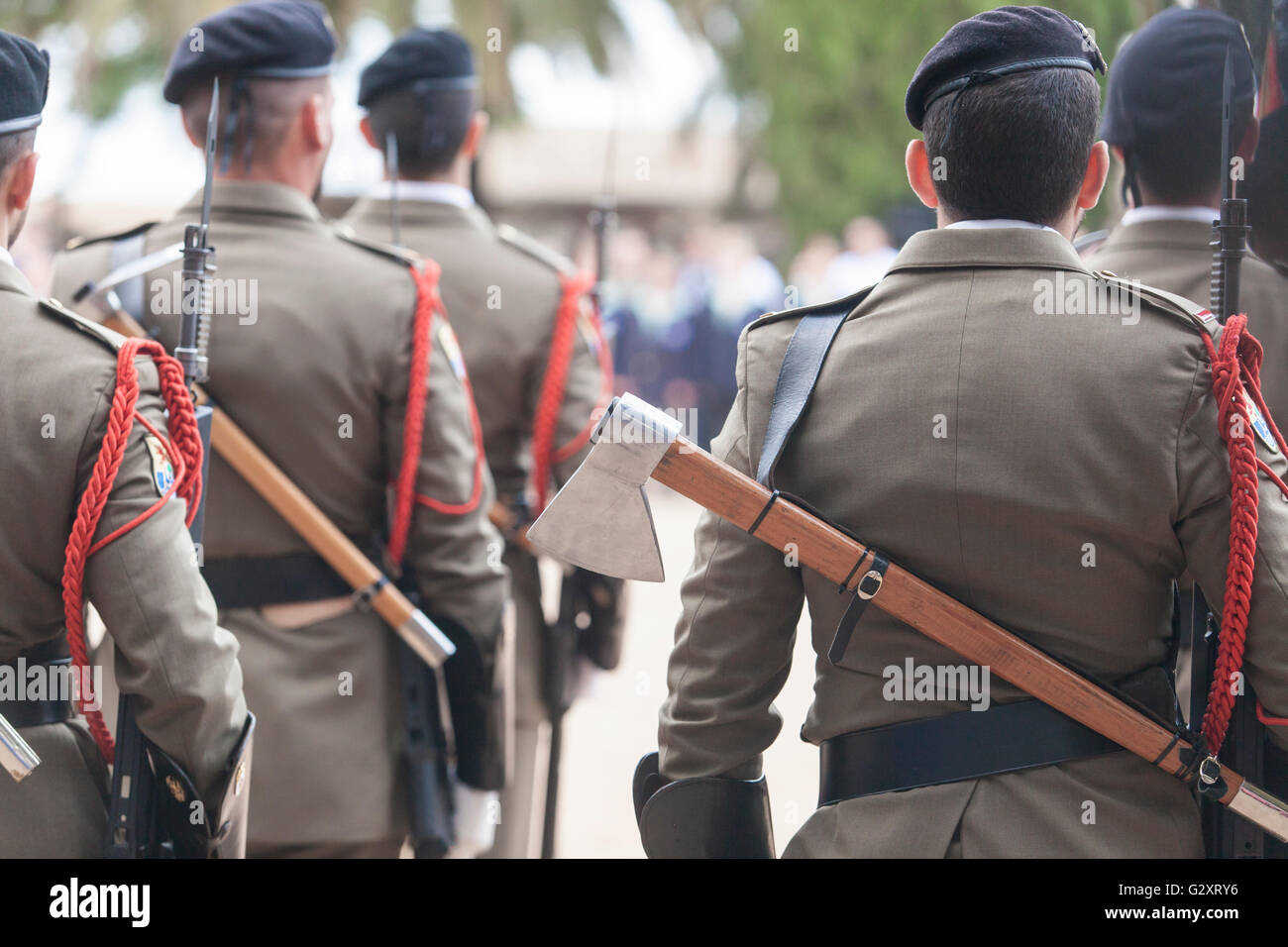 Badajoz, Spain - May 25, 2016: spanish troops during the Armed forces day. Axes on back Stock Photo