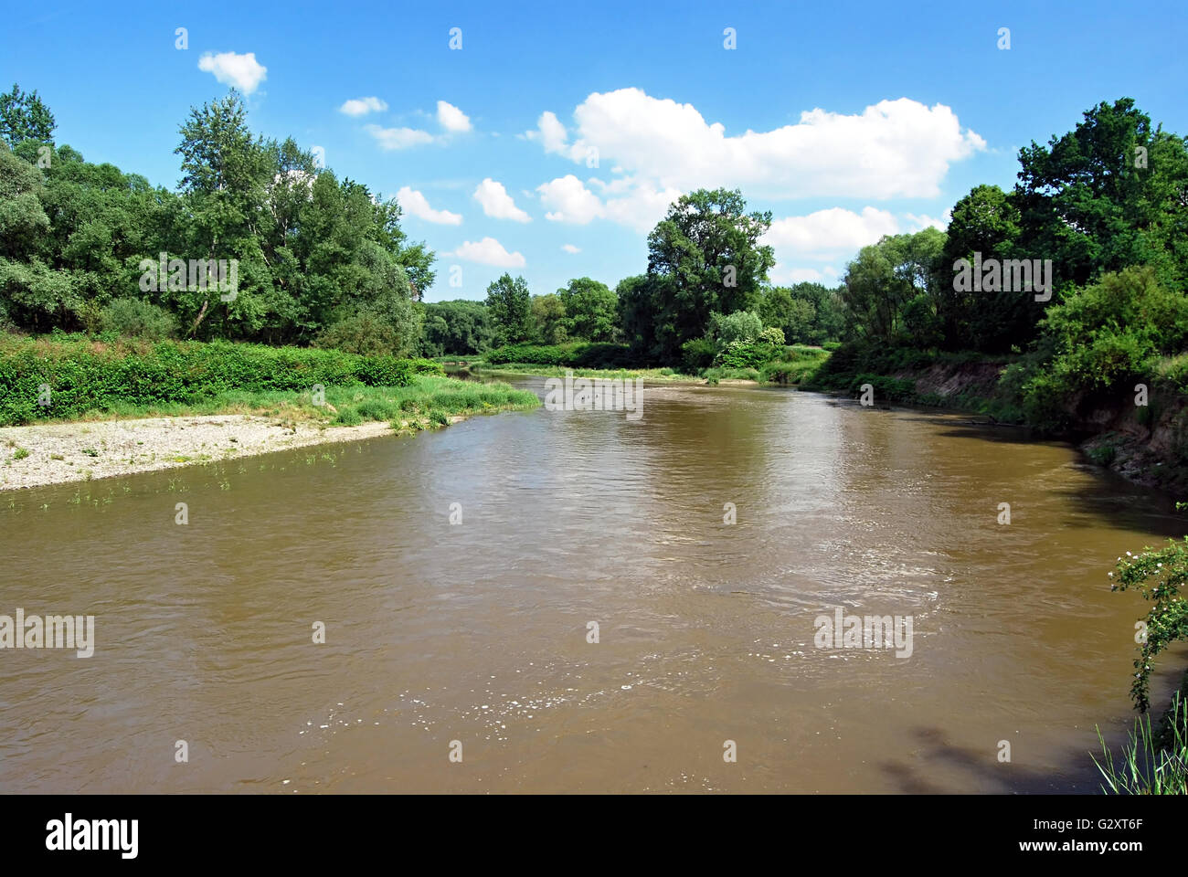 Odra river with trees around and blue sky with clouds on czech-polish ...