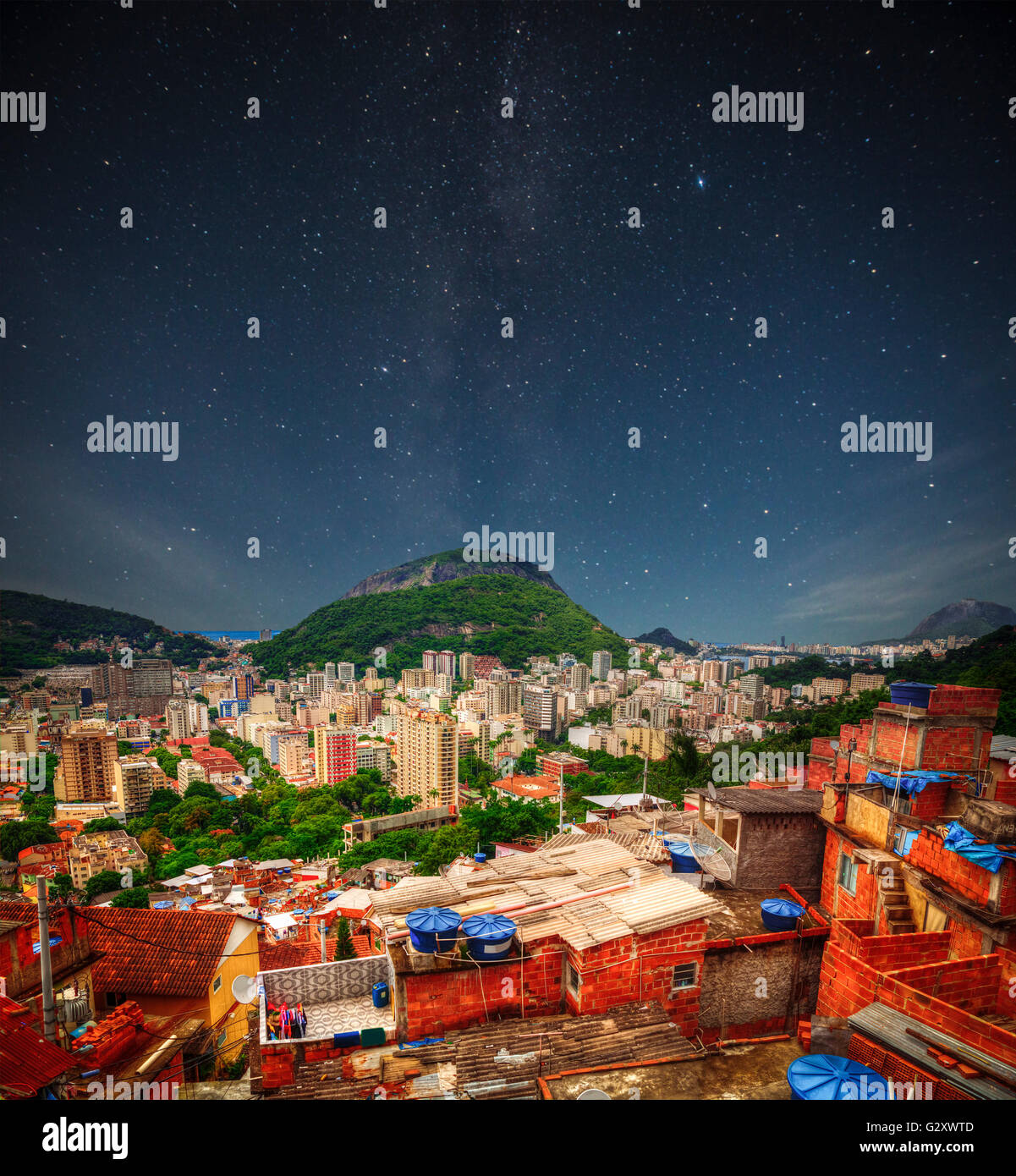 Favela night. Rio de Janeiro Slums at Night Stock Photo
