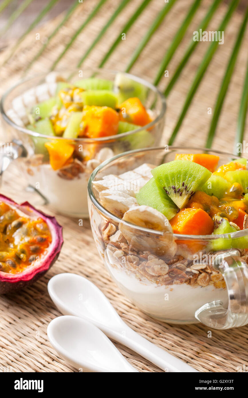 Dietary breakfast. Muesli, yoghurt, tropical fruits mango, kiwi