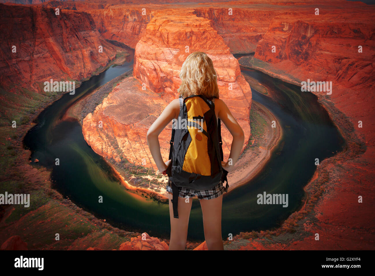 woman tourist in one of the most beautiful places in America Colorado River. Stock Photo