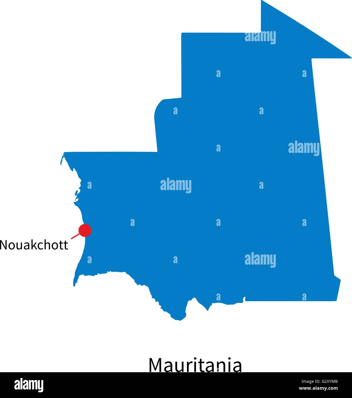 Detailed vector map of Mauritania and capital city Nouakchott Stock Vector
