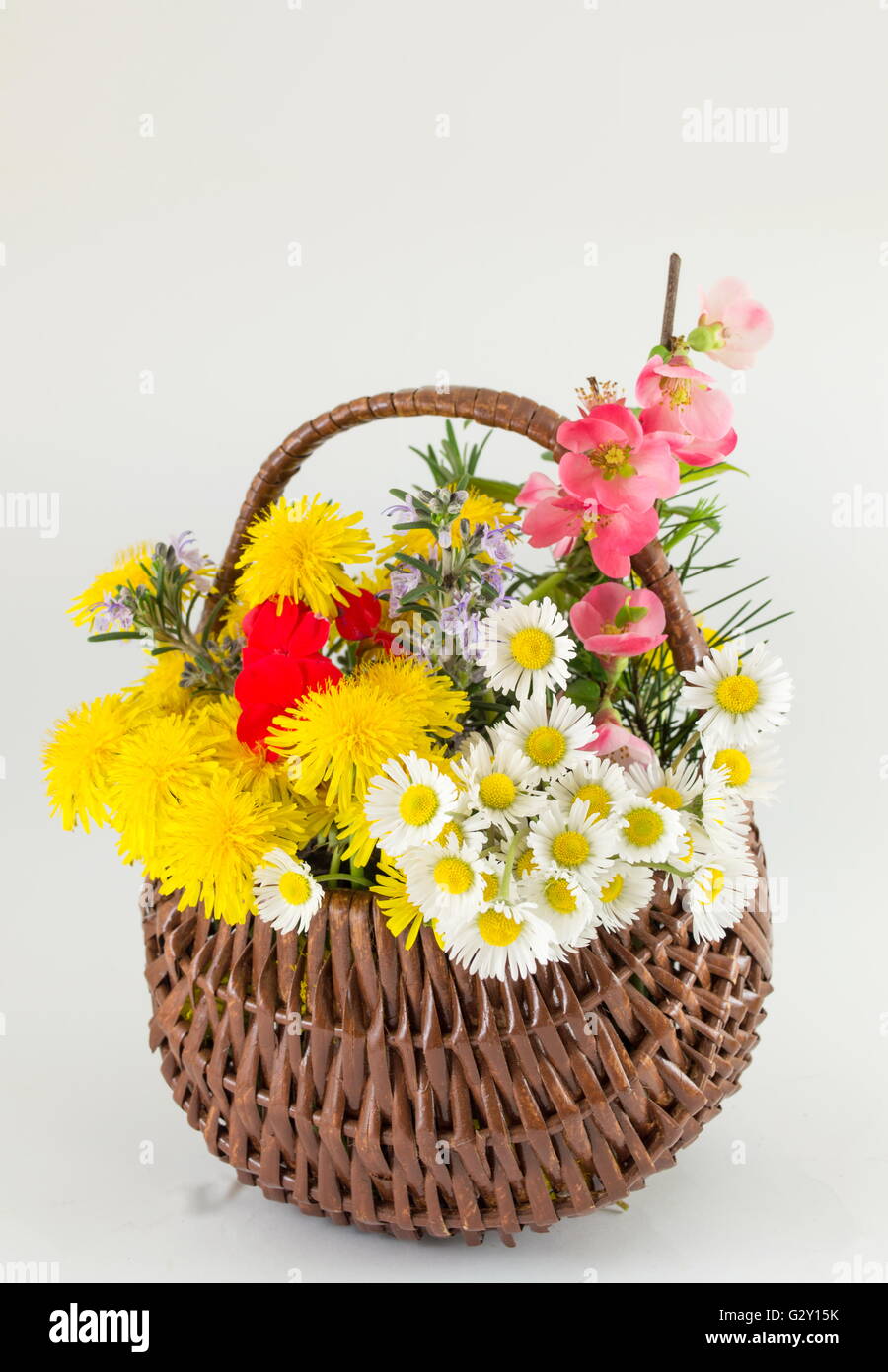 Flower basket made of wicker against white background Stock Photo