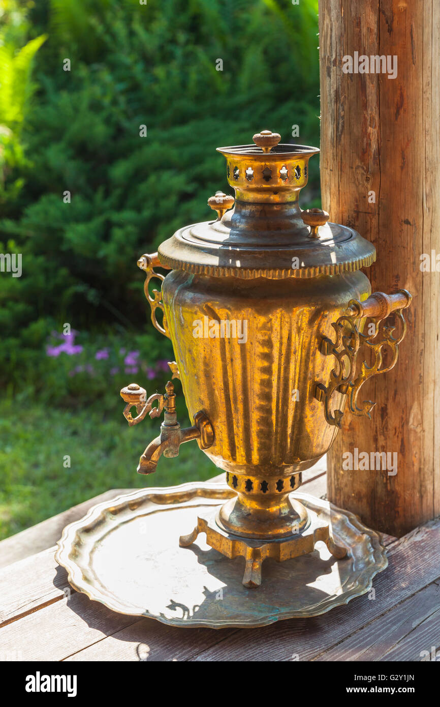 Traditional Russian Samovar, a metal container used to heat and boil water for tea ceremony Stock Photo