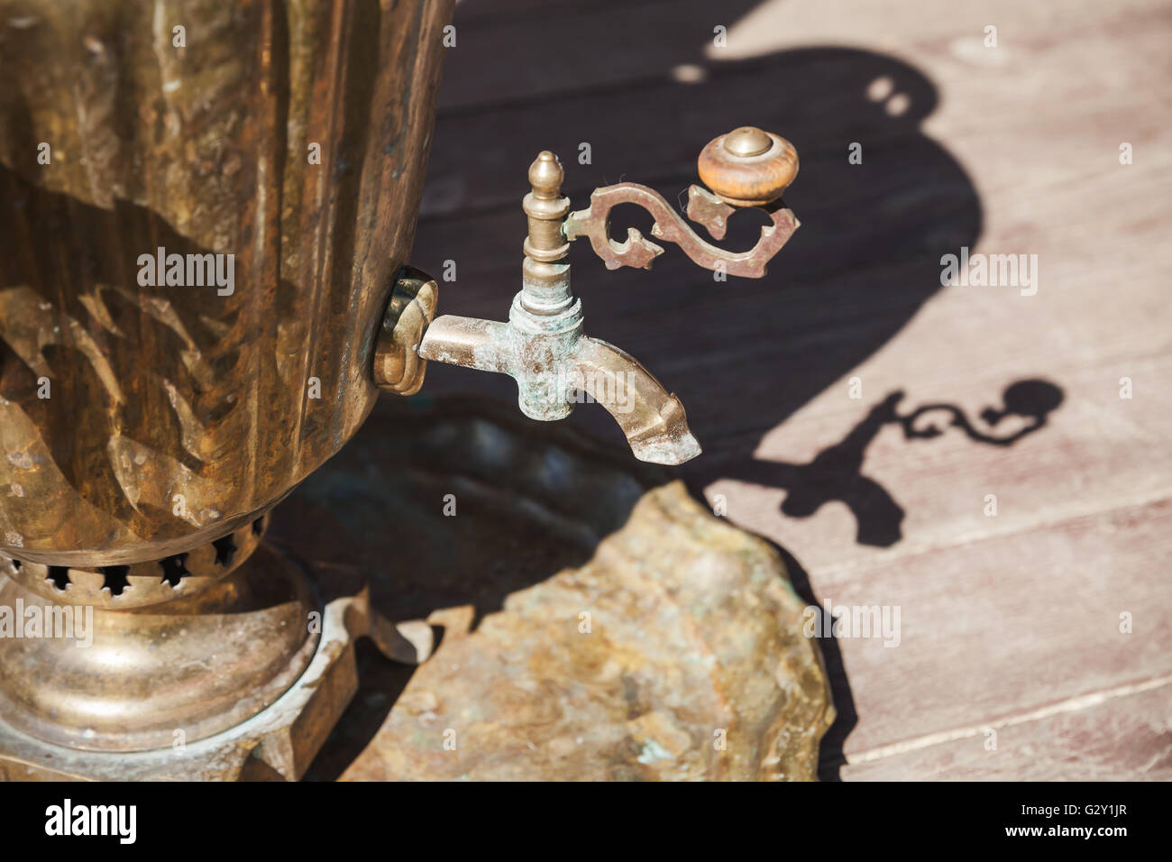 Traditional Russian Samovar details. It is a metal container used to heat and boil water for tea ceremony Stock Photo