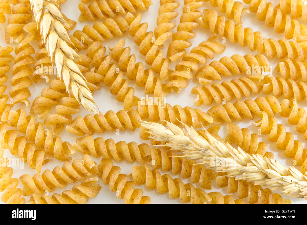 Bunch of golden colored macaroni pasta on a table Stock Photo