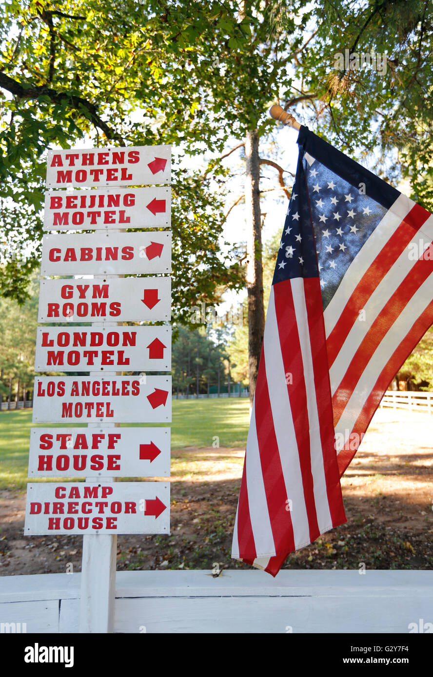 Signage at the Karolyi Ranch, the USA Gymnastics National Team Training Center in the Sam Houston National Forest. Stock Photo