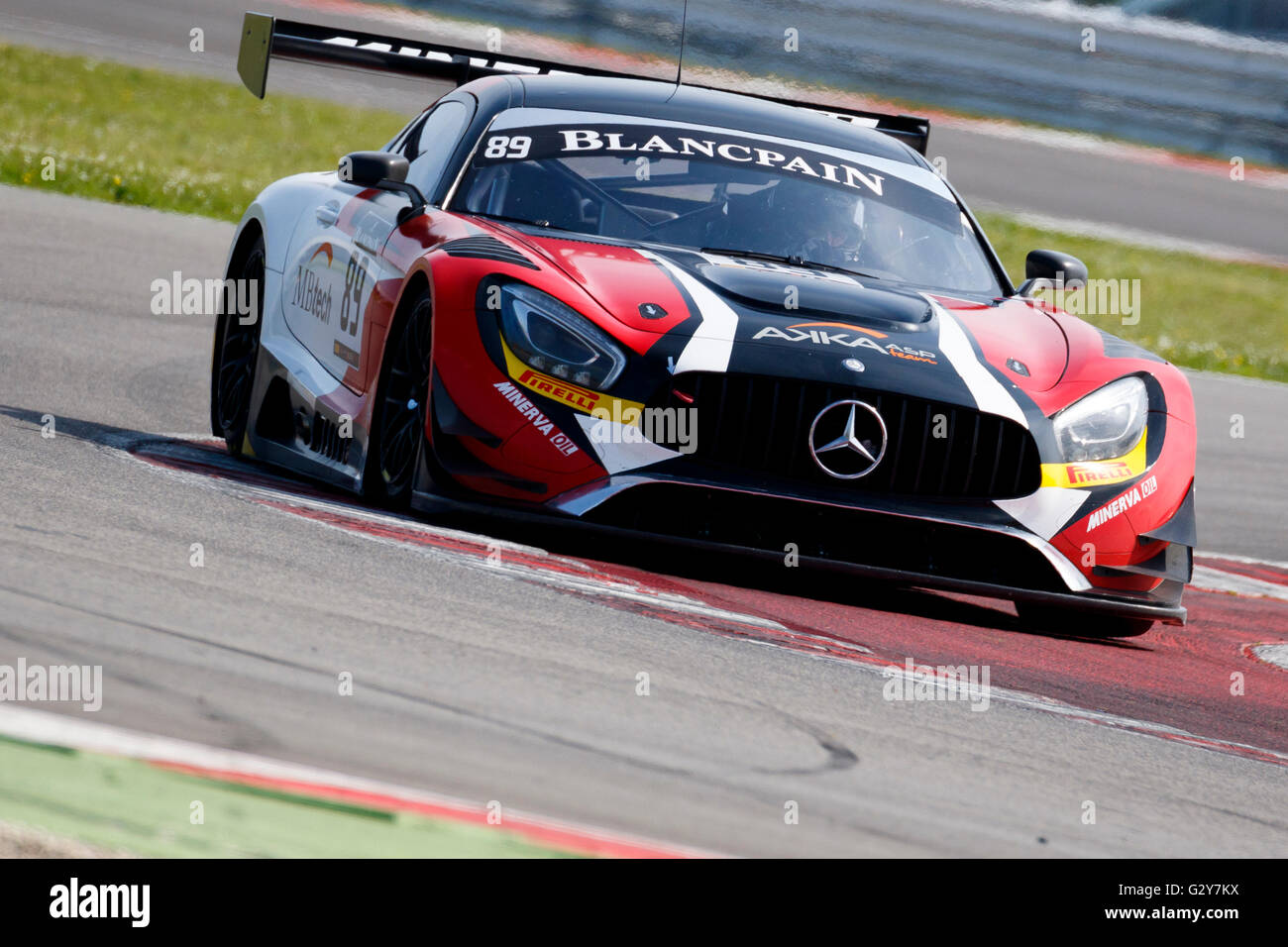 Misano Adriatico, Italy - April 10, 2016: Mercedes -AMG GT3 of AKKA ASP Team, driven by Maurice RicciI, the Blancpain GT Sports Club Main Race in Misano World Circuit. Stock Photo