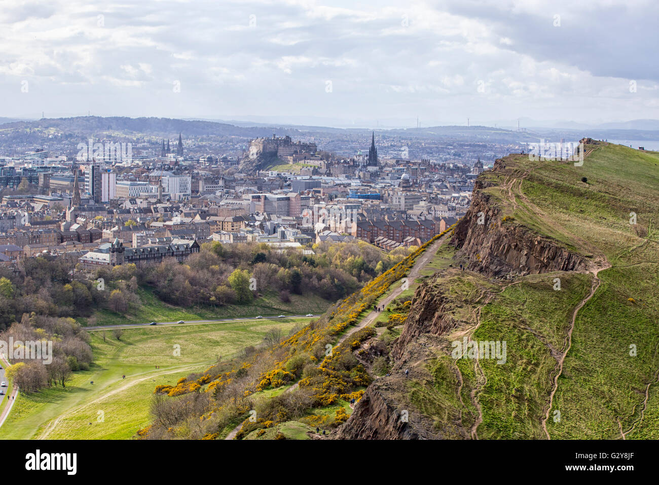 EDINBURGH, UK - 22 APRIL 2016.  Edinburgh Skyline and Edinburgh castle viewed from Arthurs Seat Stock Photo