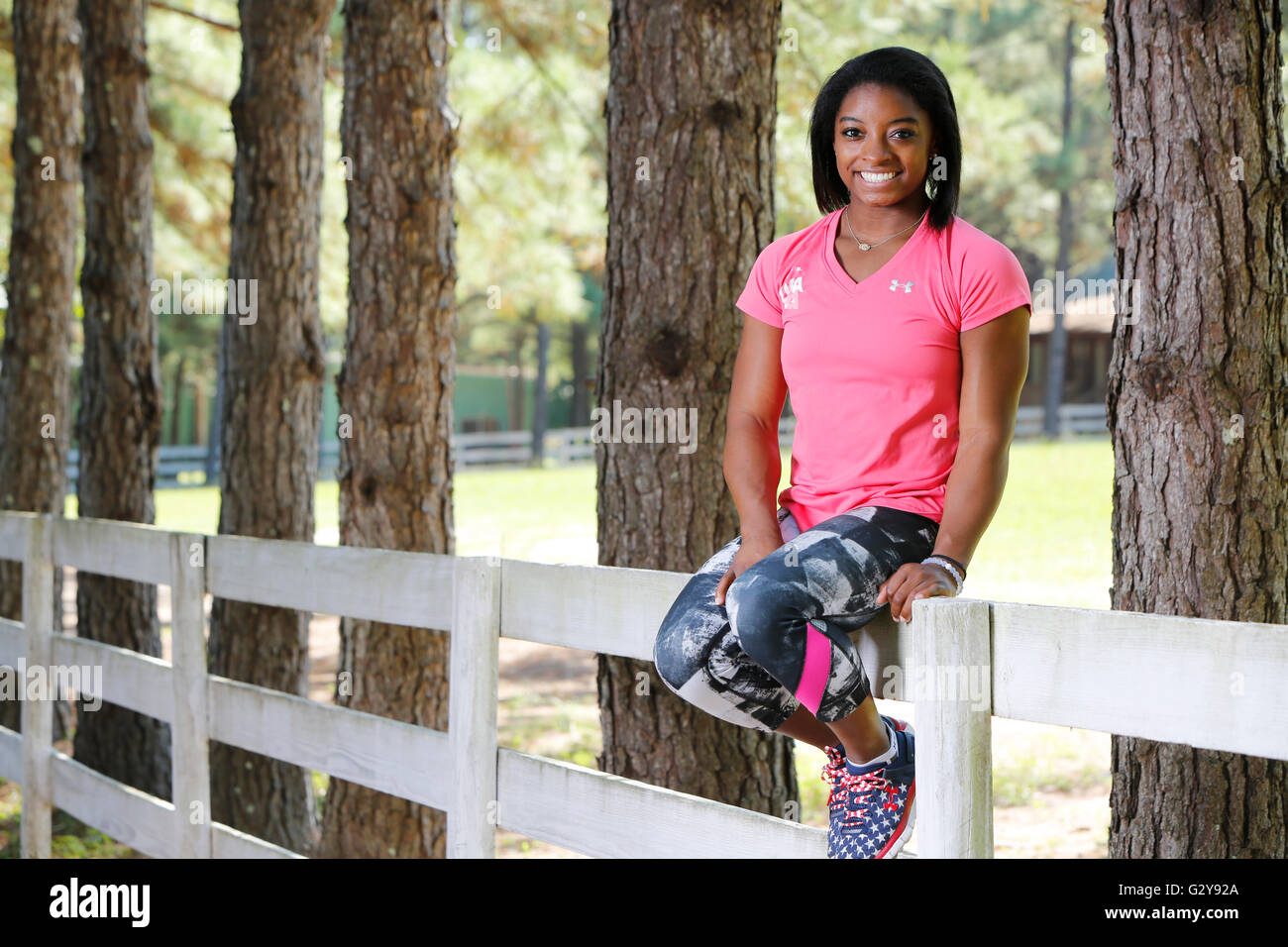 Simone Biles at the Karolyi Ranch, the USA Gymnastics National Team Training Center in the Sam Houston National Forest. Stock Photo