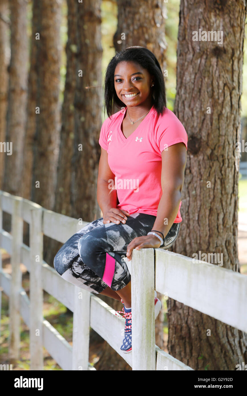 Simone Biles at the Karolyi Ranch, the USA Gymnastics National Team Training Center in the Sam Houston National Forest. Stock Photo