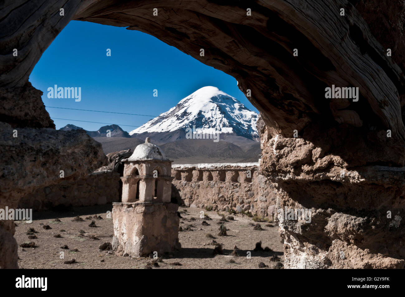 Sajama NP, Church And Snow-Capped Volcano In The Background Stock Photo