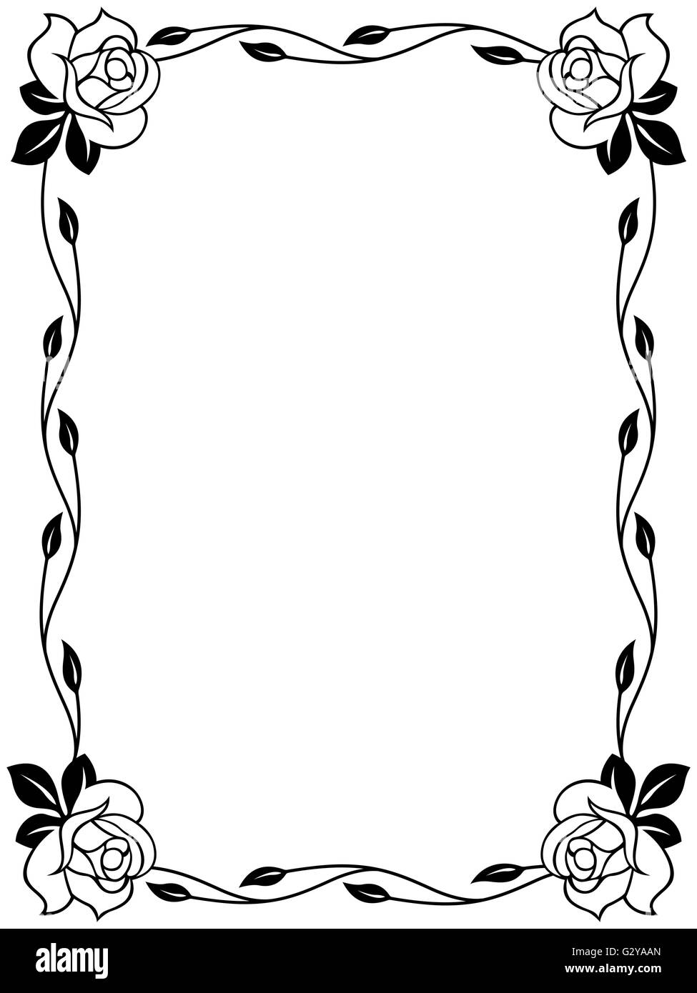 Floral ornamental frame with roses, black and white vector illustration Stock Vector