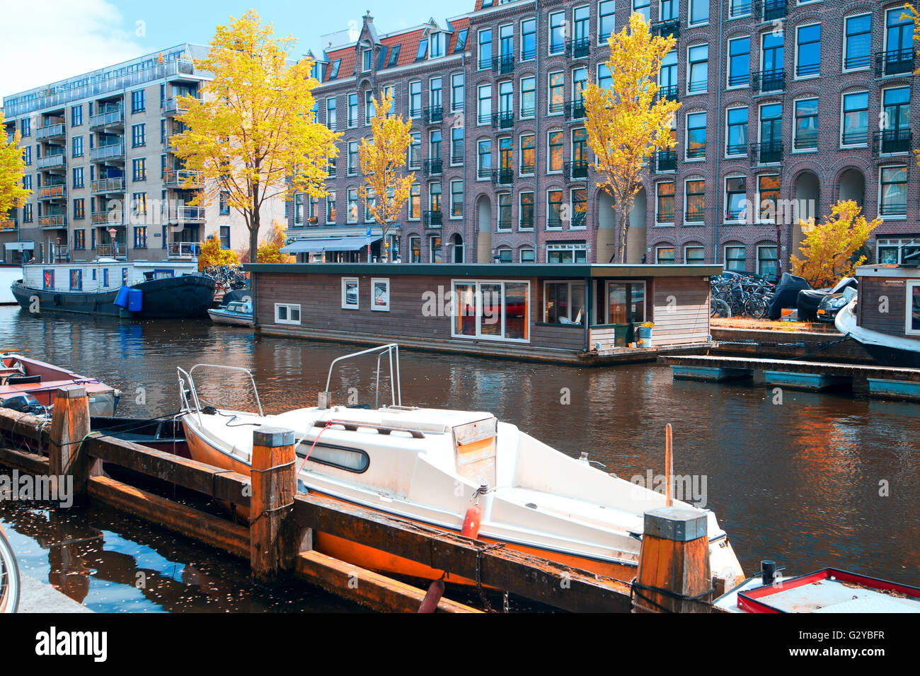 beautiful European capital Amsterdam in the summer. ancient streets and canals.Gold autumn Stock Photo