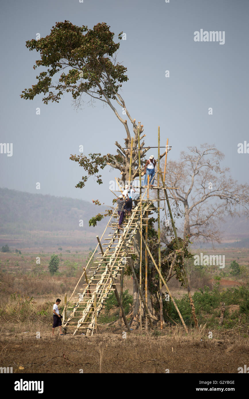 Bamboo rockets flying contest during National Day of Pa'O people, Demoso, Myanmar Stock Photo