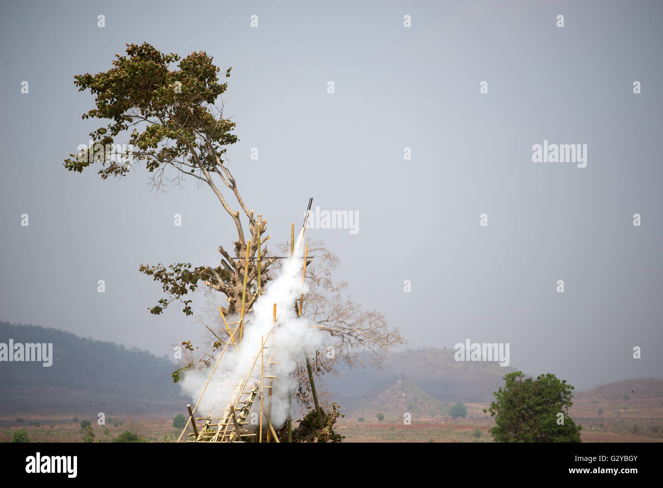 A bamboo rocket starting during Pa'O national day in Demoso, Kayah State, Myanmar Stock Photo