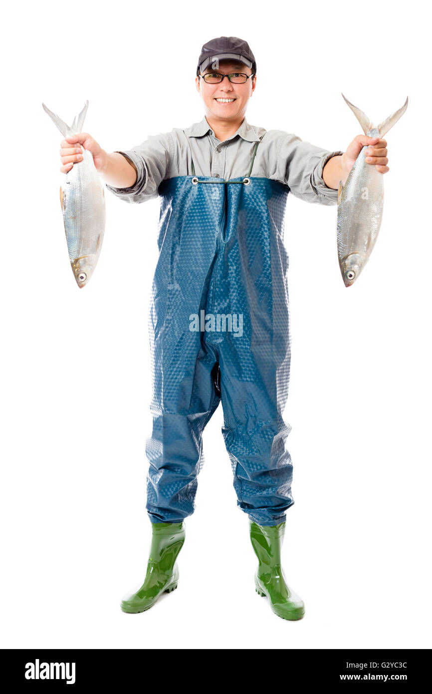 happy fisherman showing big fish isolated on white Stock Photo
