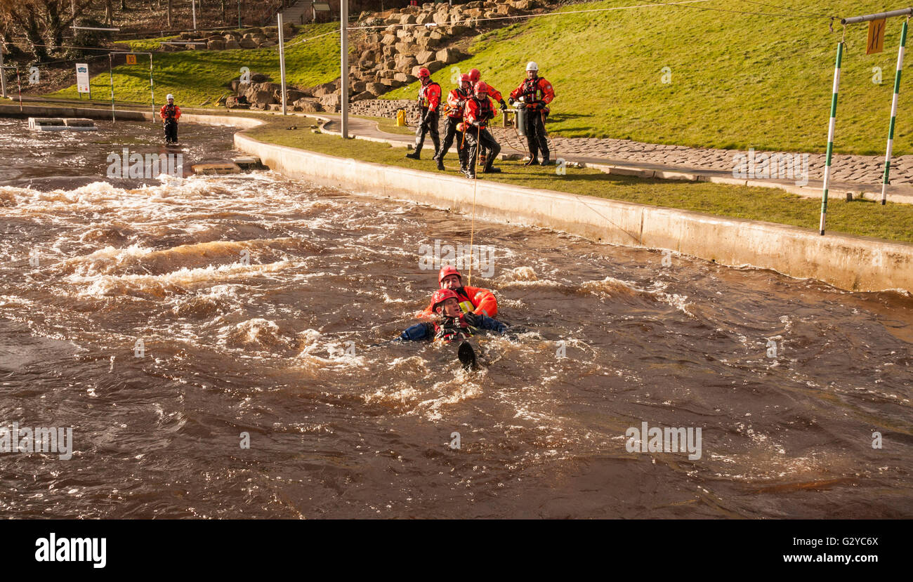 Lancashire Fire and Rescue officers on a river rescue training exercise at the Tees Barrage Water Centre at Stockton-on-Tees Stock Photo