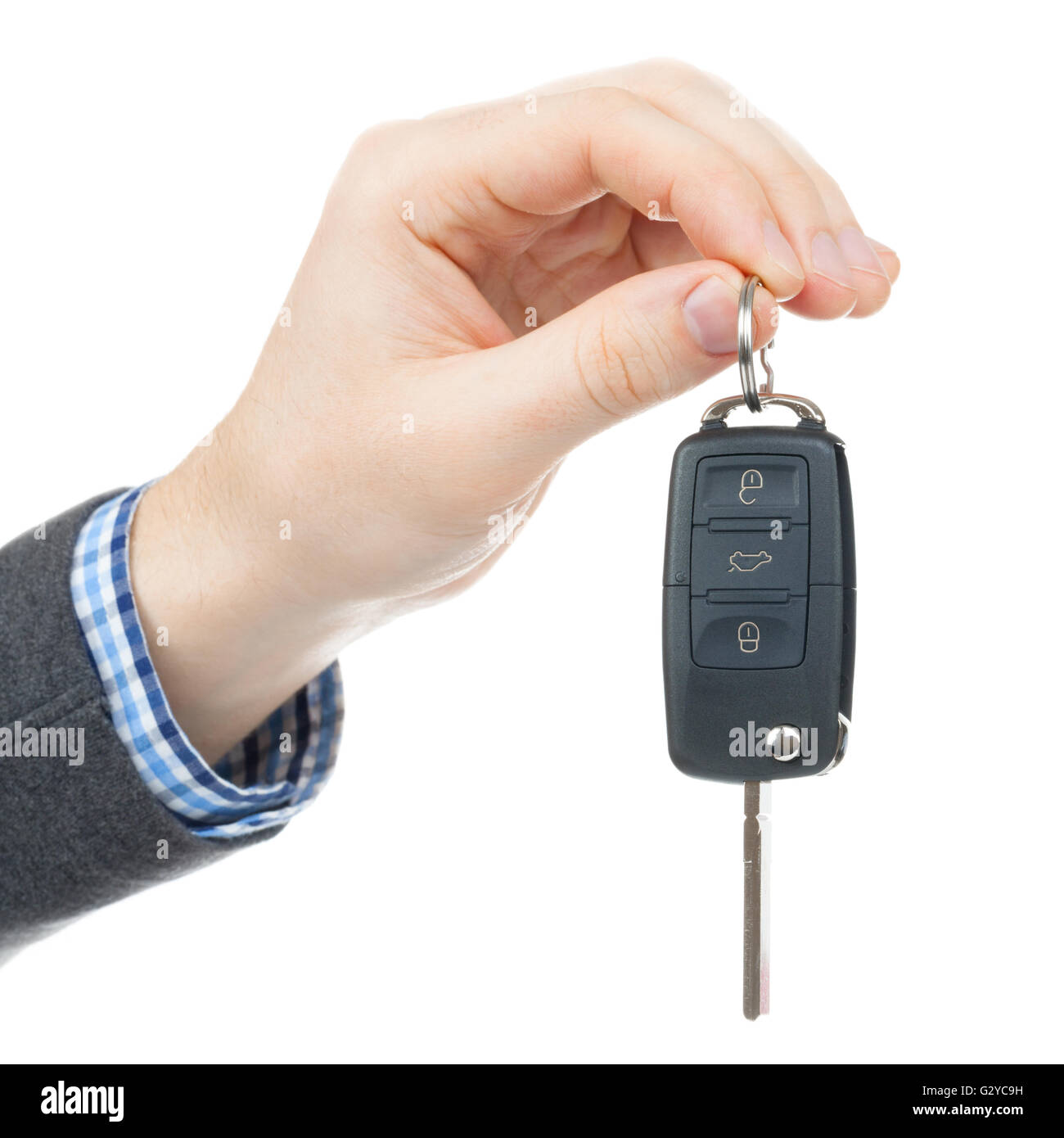 Close up studio shot over white of a male hand holding car keys Stock ...