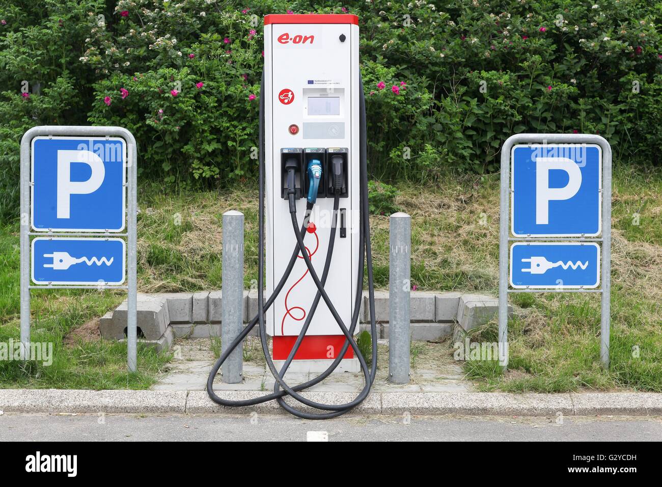 Eon charging point for electric cars Stock Photo
