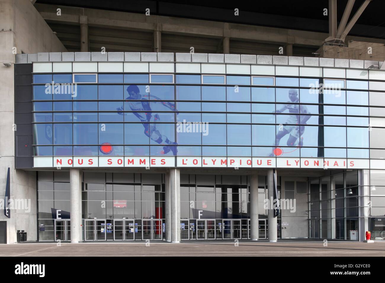 Facade and entrance of the Parc Olympique stadium in Lyon, France Stock Photo