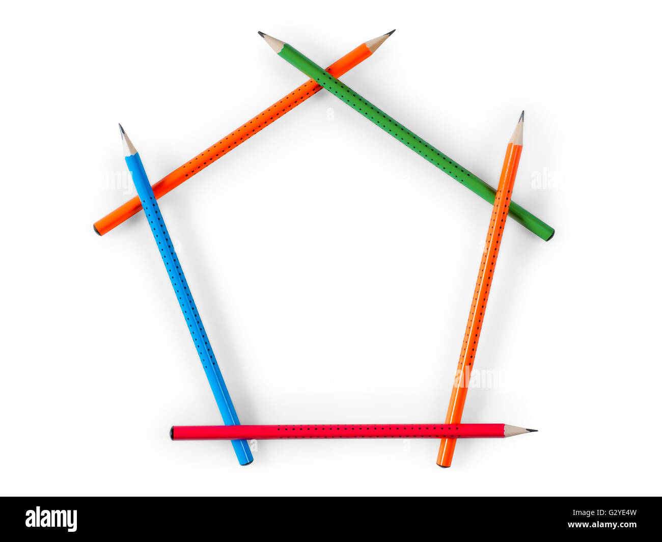 Pentagonal frame of pencils in the shape of a house. Isolated on white with clipping path Stock Photo
