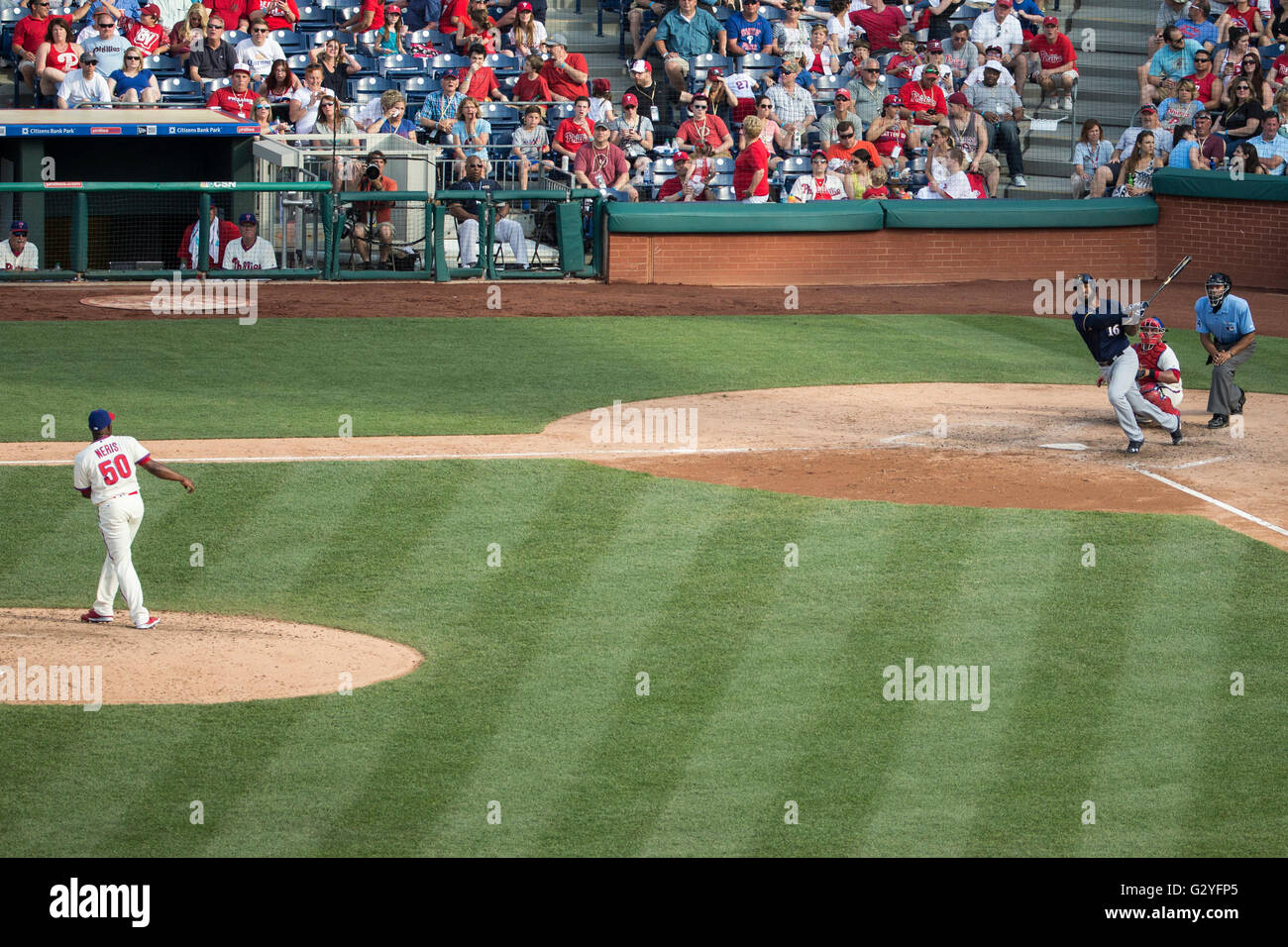 Philadelphia, Pennsylvania, USA. 4th June, 2016. Milwaukee Brewers right fielder Domingo Santana (16) hits a solo home run off of Philadelphia Phillies relief pitcher Hector Neris (50) during the MLB game between the Milwaukee Brewers and Philadelphia Phillies at Citizens Bank Park in Philadelphia, Pennsylvania. The Milwaukee Brewers won 6-3. Christopher Szagola/CSM/Alamy Live News Stock Photo