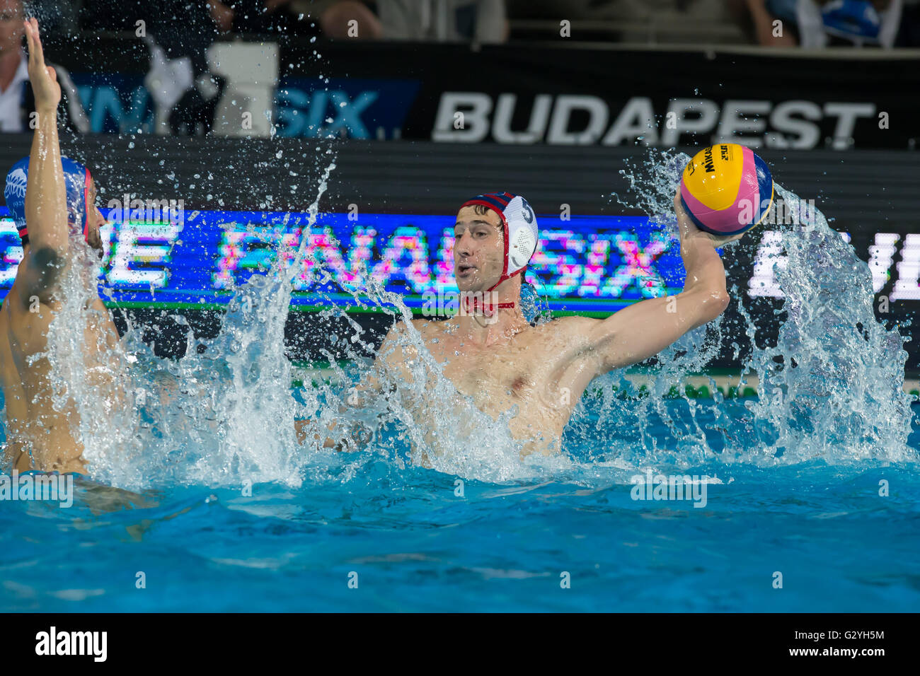 Budapest, Hungary. 4th June, 2016. Maro Jokovic (R) of Jug Dubrovnik team  of Croatia competes during the final of the LEN Waterpolo Champions League Final  Six competition in Budapest, Hungary, June 4,