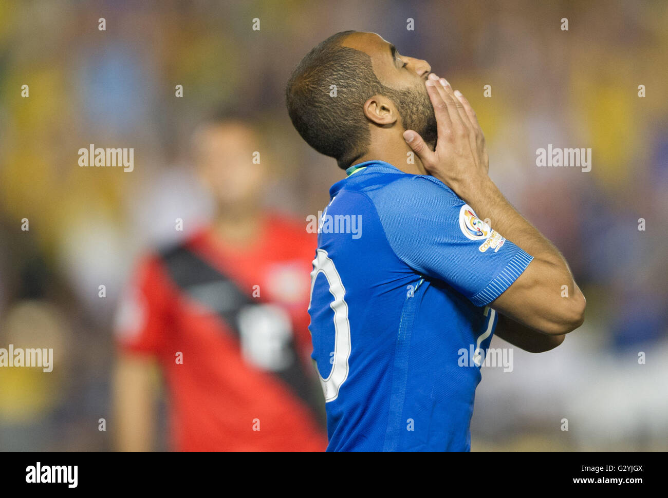 Pasadena, USA. 4th June, 2016. Lucas Lima of Brazil reacts during the 2016 Copa America Centenario Group B match against Ecuador in Pasadena, the United States, June 4, 2016. The match ended with a 0-0 draw. © Yang Lei/Xinhua/Alamy Live News Stock Photo
