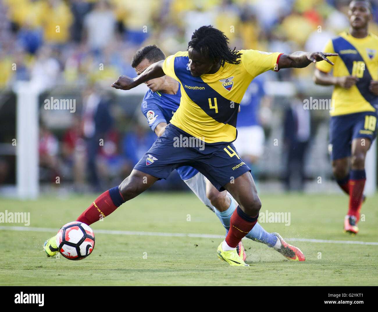 June 4, 2016 - Los Angeles, California, U.S - cuador defender Juan Carlos Paredes #4 and Brazil midfielder Philippe Coutinho #22 in actions during a Copa America soccer match between Brazil and Ecuador at the Rose Bowl in Pasadena, California, June 4, 2016. (Credit Image: © Ringo Chiu via ZUMA Wire) Stock Photo