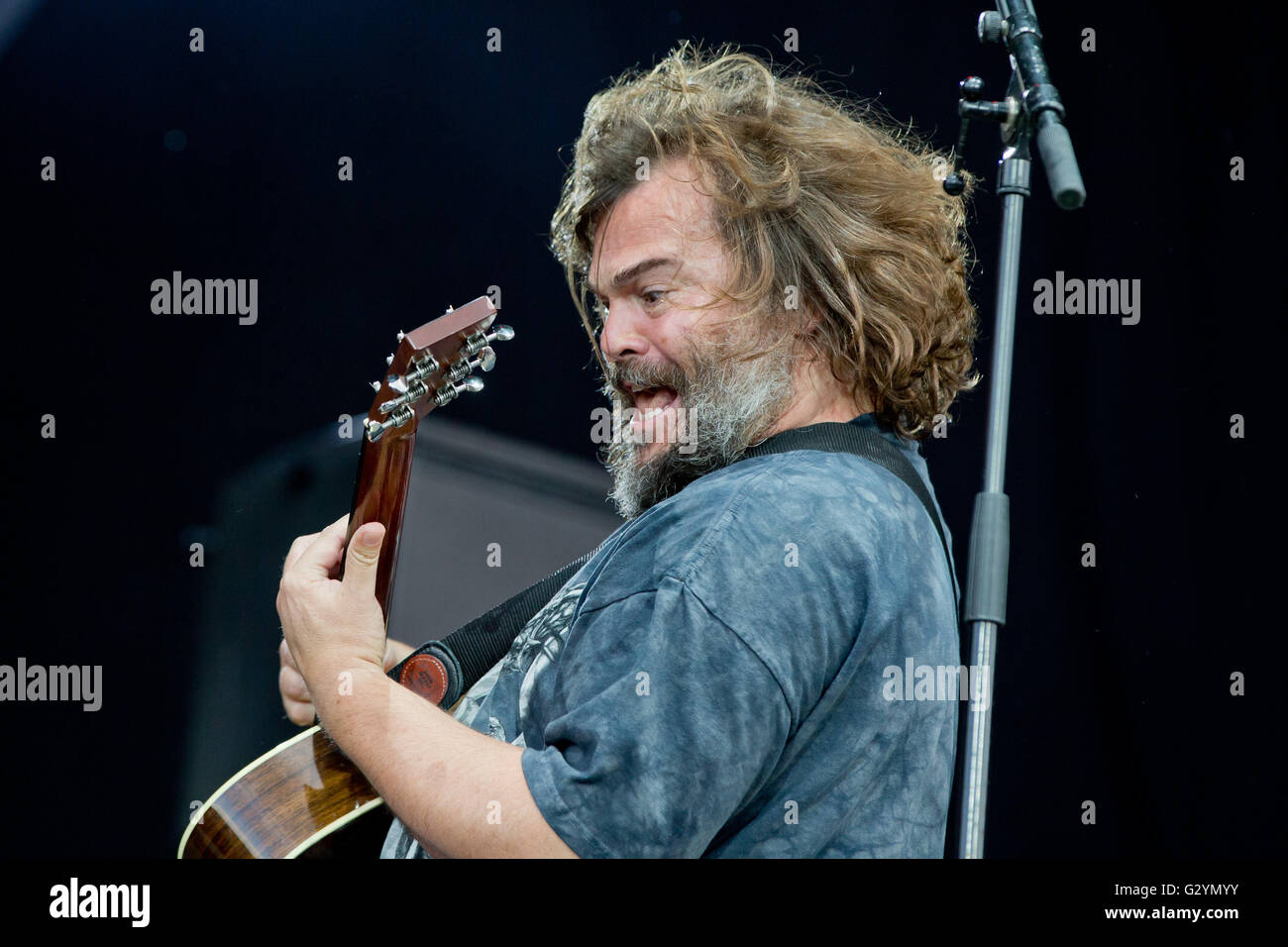 Nuremberg, Germany. 04th June, 2016. US singer and actor Jack Black of the band Tenacious D. performs on stage at the 'Rock im Park' (Rock in the Park) music festival in Nuremberg, Germany, 04 June 2016. More than 80 bands are set to perform at the festival until 05 June. Photo: DANIEL KARMANN/dpa/Alamy Live News Stock Photo