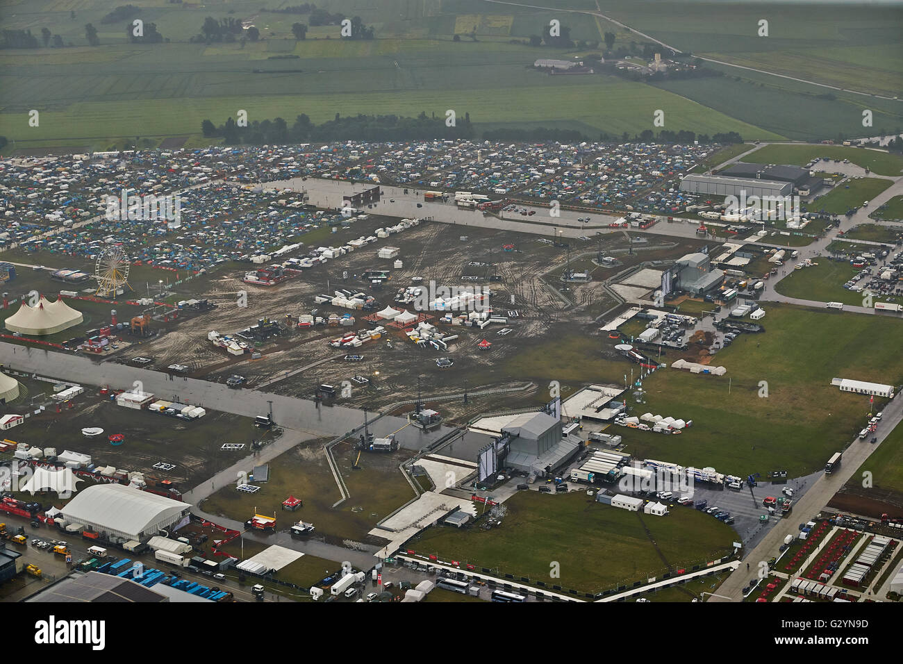 Mendig, Germany. 04th June, 2016. Aerial view of the empty area in front of  the main stages on the grounds of the 'Rock am Ring' (Rock at the Ring)  music festival in