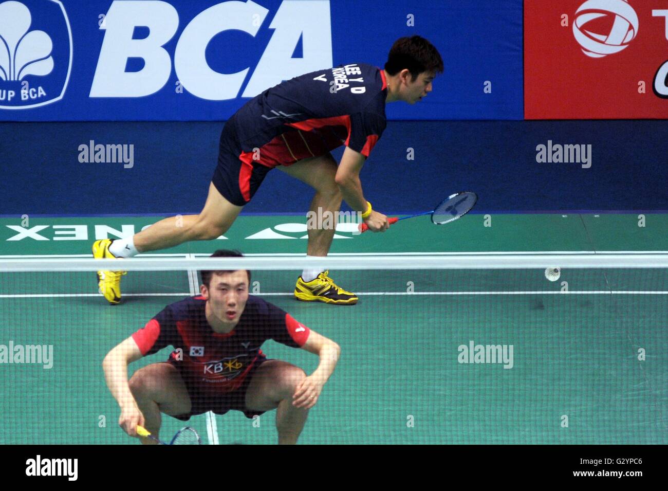 Jakarta, DKI Jakarta, Indonesia. 5th June, 2016. JAKARTA, INDONESIA - JUNE 05 : Lee Yong Dae/Yoo Yeon Seong of Korea hits a return against Chai Biao/Hong Wei of China during men's double in the Indonesia Open 2016 in Jakarta, Indonesia on June 05, 2016. Lee Yong Dae/Yoo Yeon Seong of Korea win Indonesia Badminton Open with score 13-21, 21-13 and 21-16. © Sijori Images/ZUMA Wire/Alamy Live News Stock Photo