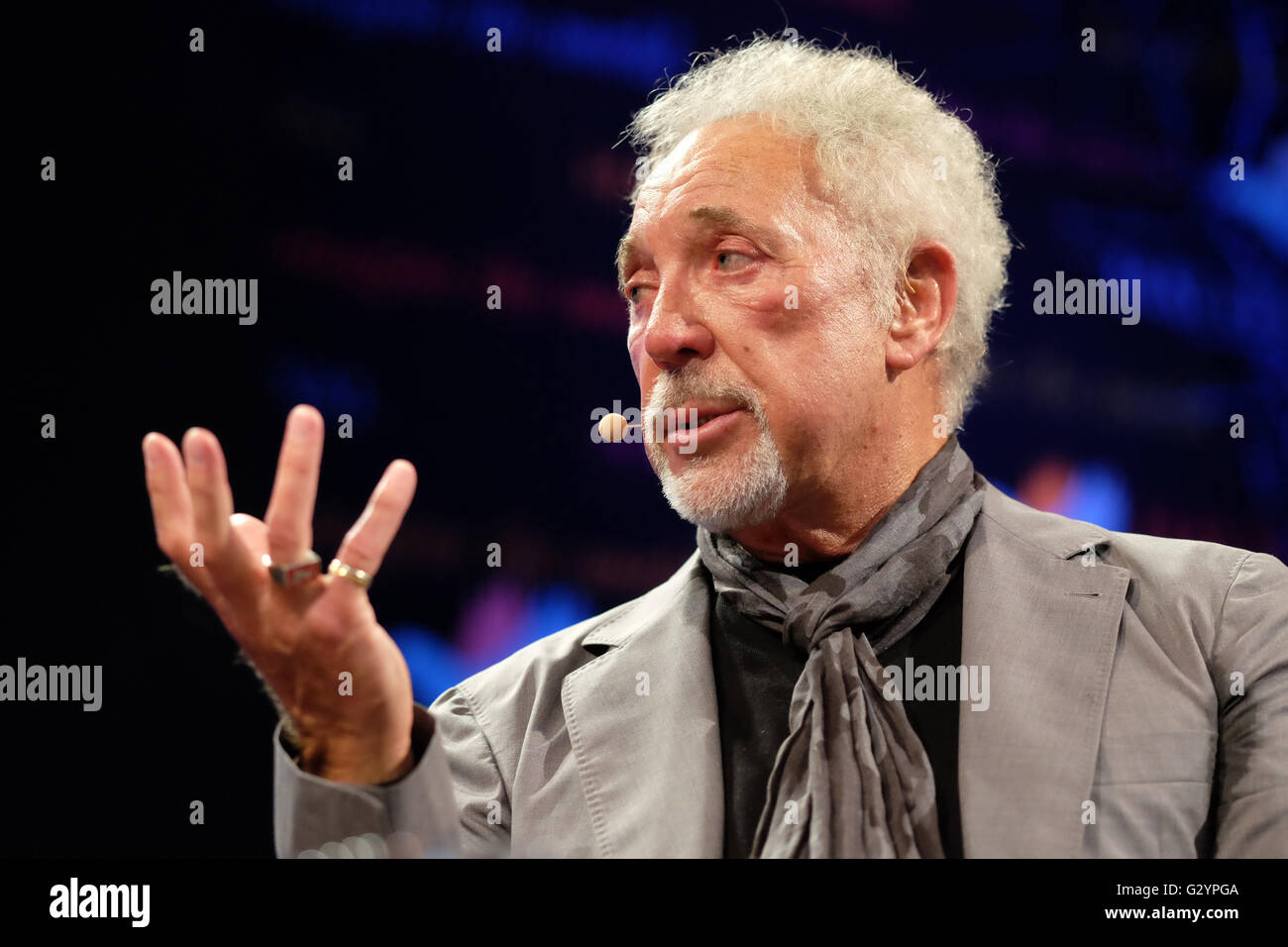 Hay Festival, Wales, UK - Sunday 5th June 2016 -  Tom Jones on stage at the Hay Festival before a sell out audience to talk about his life and his book Over the Top and Back. This was Tom's first public appearance since the recent death of his wife. At times Tom found the event quiet emotional as he recalled his wife and early life. Today is the final day of the eleven day literary and arts festival. Photograph Steven May / Alamy Live News Stock Photo