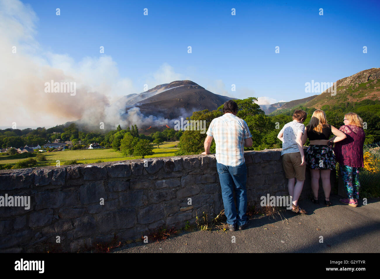 Conwy, North Wales, UK. 5th June 2016. UK Weather – High temperatures recorded over North Wales have resulted in heather fires on Alltwen mountain, near Dwygyfylchi. North Wales Fire Service remain on the mountain tackling the spread and fears are that houses may have to be evacuated. Stock Photo