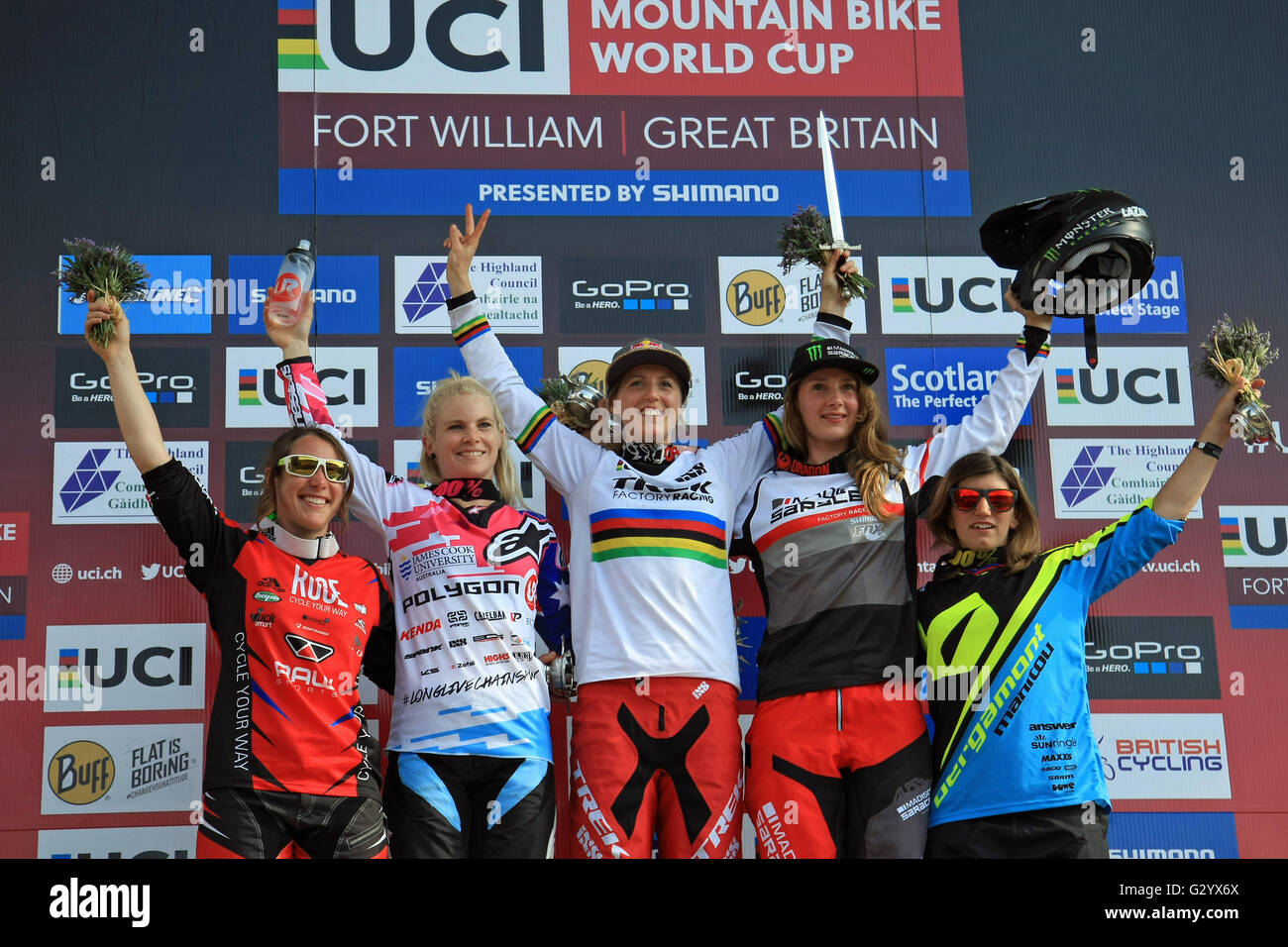 Womens Podium at the Mountain Bike World Cup, Fort William. June 5th 2016. 5th Morgane Charre FRA, 4th Katy Curd GBR, 3rd Manon Carpenter GBR, 2nd Tracey Hannah AUS, Winner Rachel Atherton GBR. Stock Photo