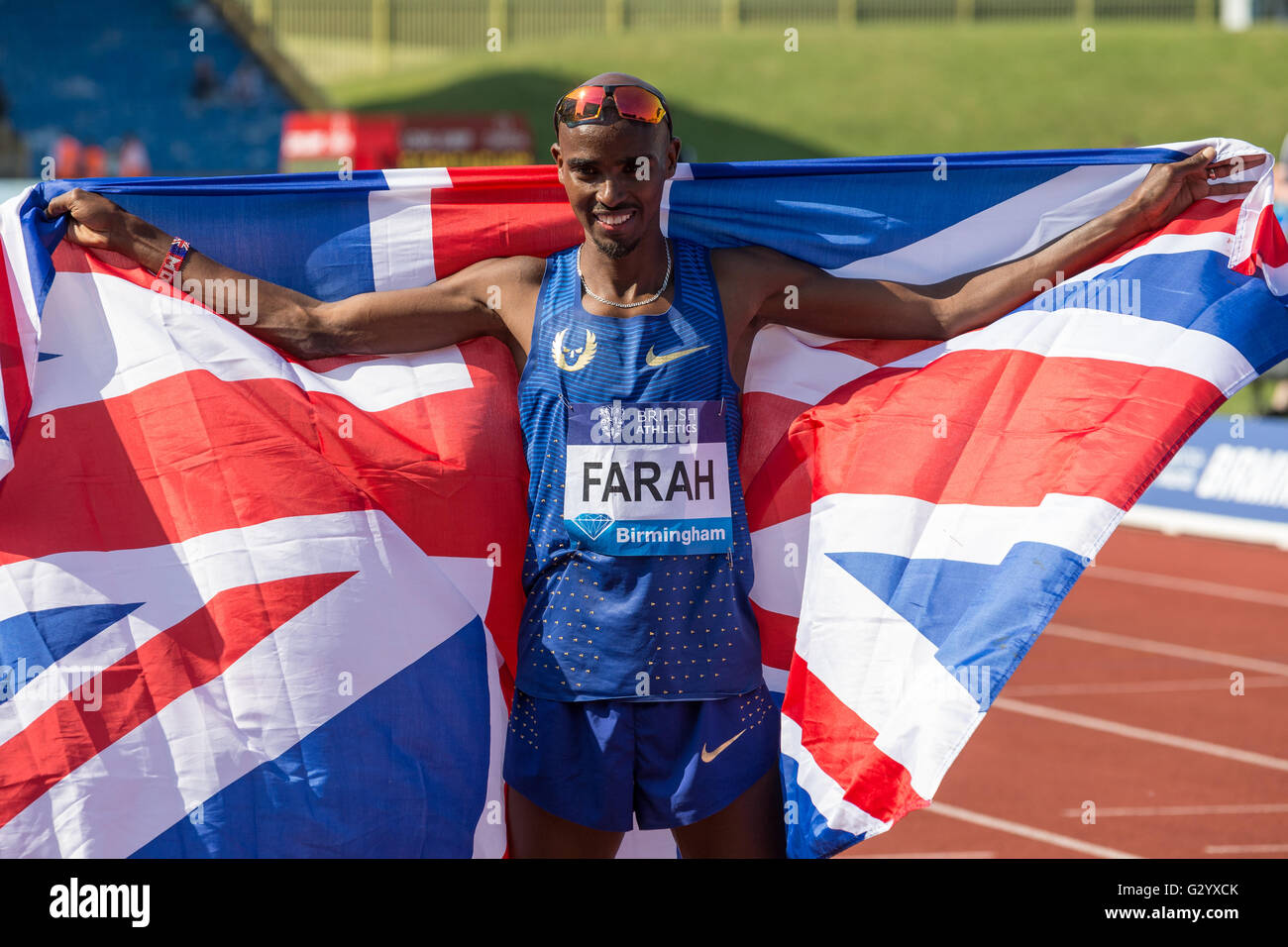 Mo Farah breaks a 34 year old record for the 3000m previously set at 7:32.79 by David Moorcroft in 1982. Farah beat the record with a time of 7:32.62 just 17 hundredths of a second faster. He dedicated his win to boxer Muhammad Ali who died just two days prior. Stock Photo