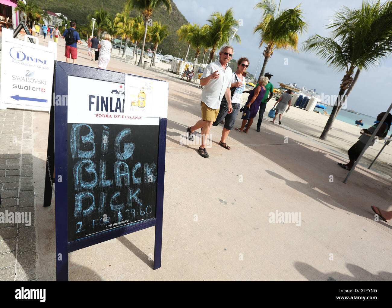 Scene on Boardwalk in Philipsburg, St Maarten. Stock Photo