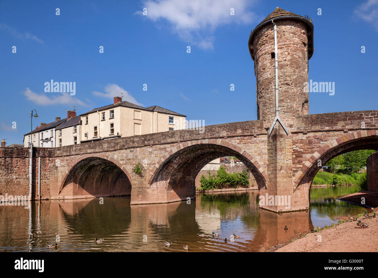 The Monnow Bridge across the River Monnow with its gatehouse on the bridge, Monmouth, Monmouthshire, Wales, UK Stock Photo