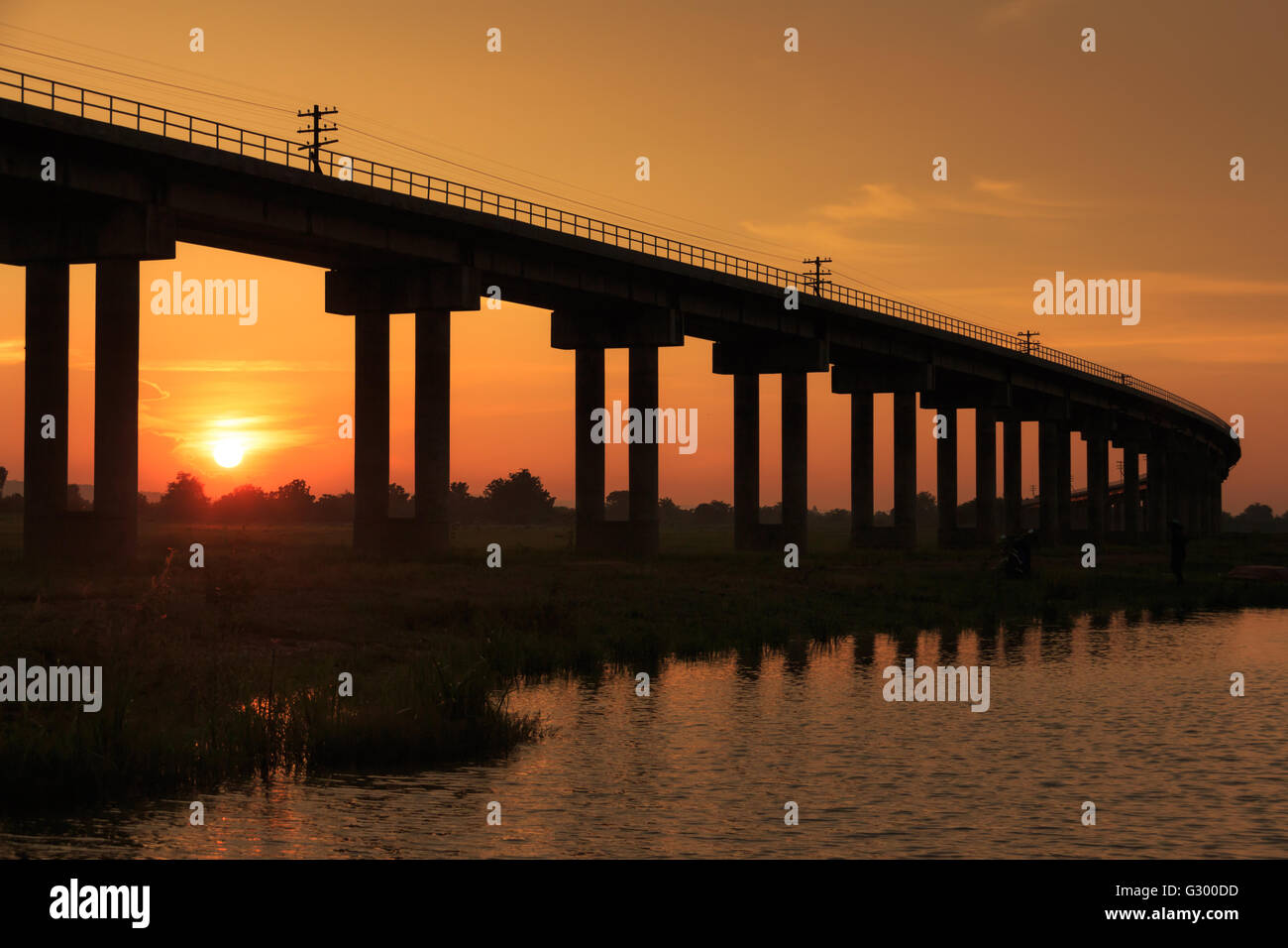 A train bridge at Pa Sak Jolasid Dam, Thailand in sunset time Stock Photo