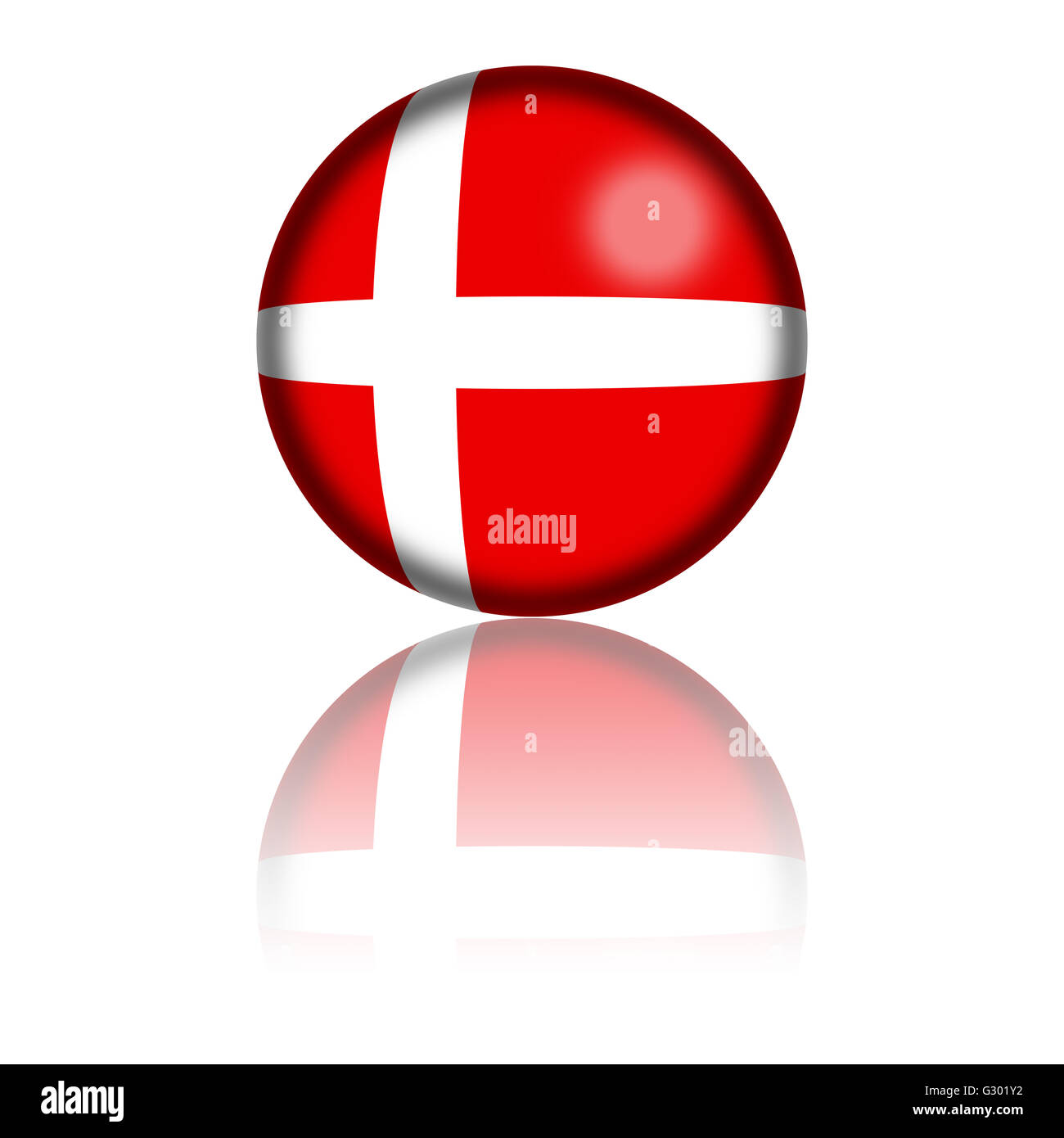 3D sphere or badge of Denmark flag with reflection at bottom. Stock Photo