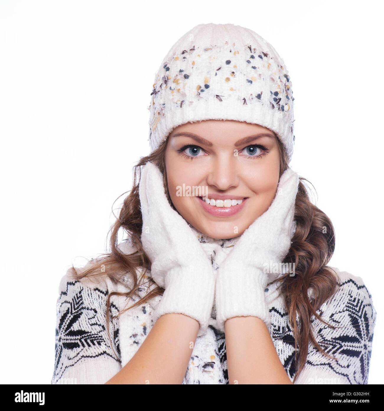 beautiful woman in warm clothing closeup portrait isolated Stock Photo